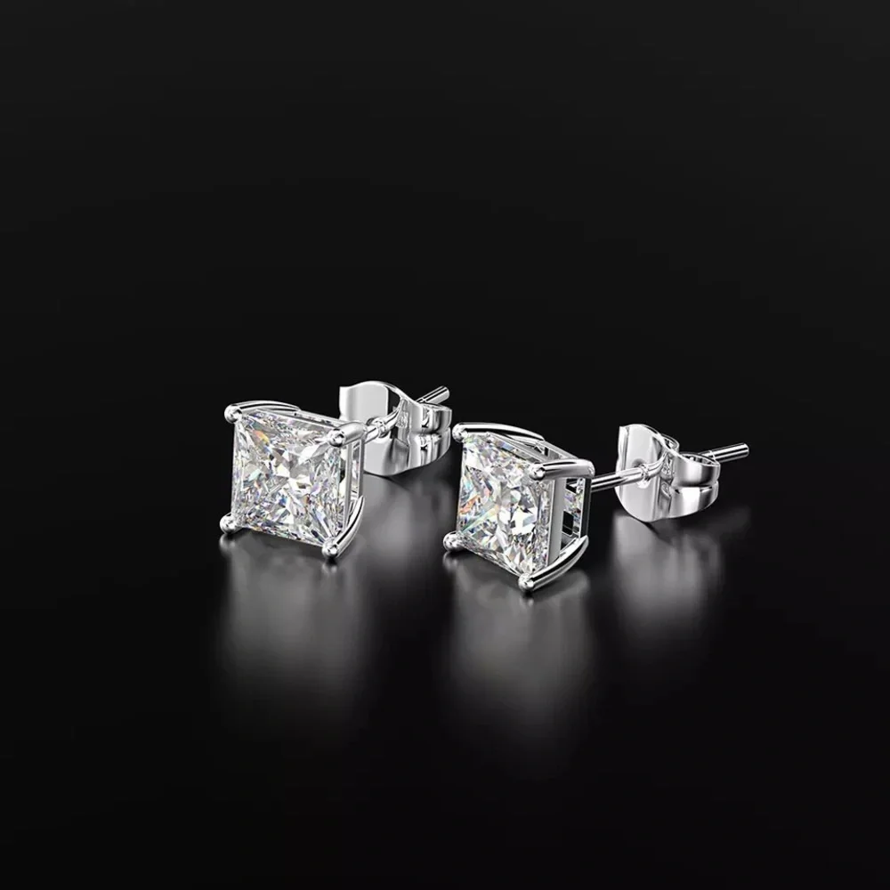 4-7mm Square Cut VVS Diamond 925 Silver Pin Studs